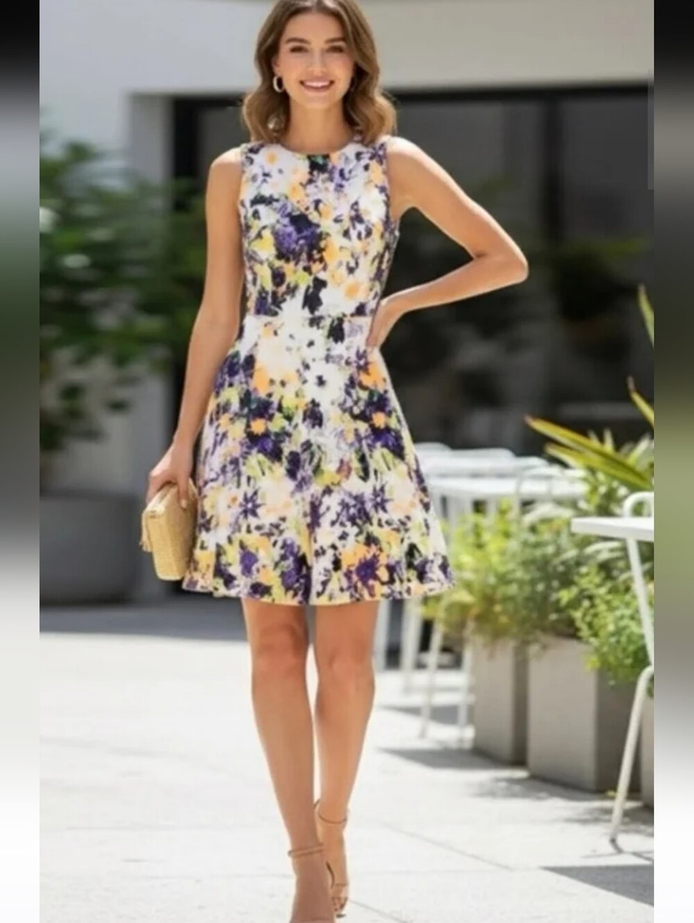 Maeve Anthropologie Neon Floral Dress Fit Flare Sleeveless Textured Pebble Sz 6